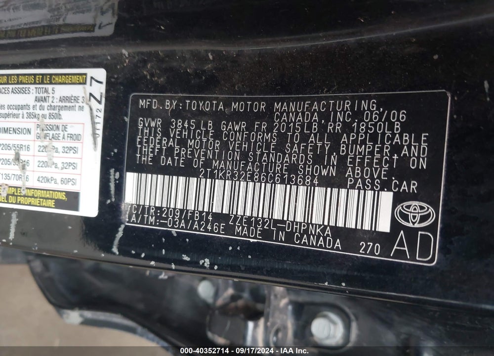 2006 TOYOTA MATRIX/XR VIN: 2T1KR32E86C613684