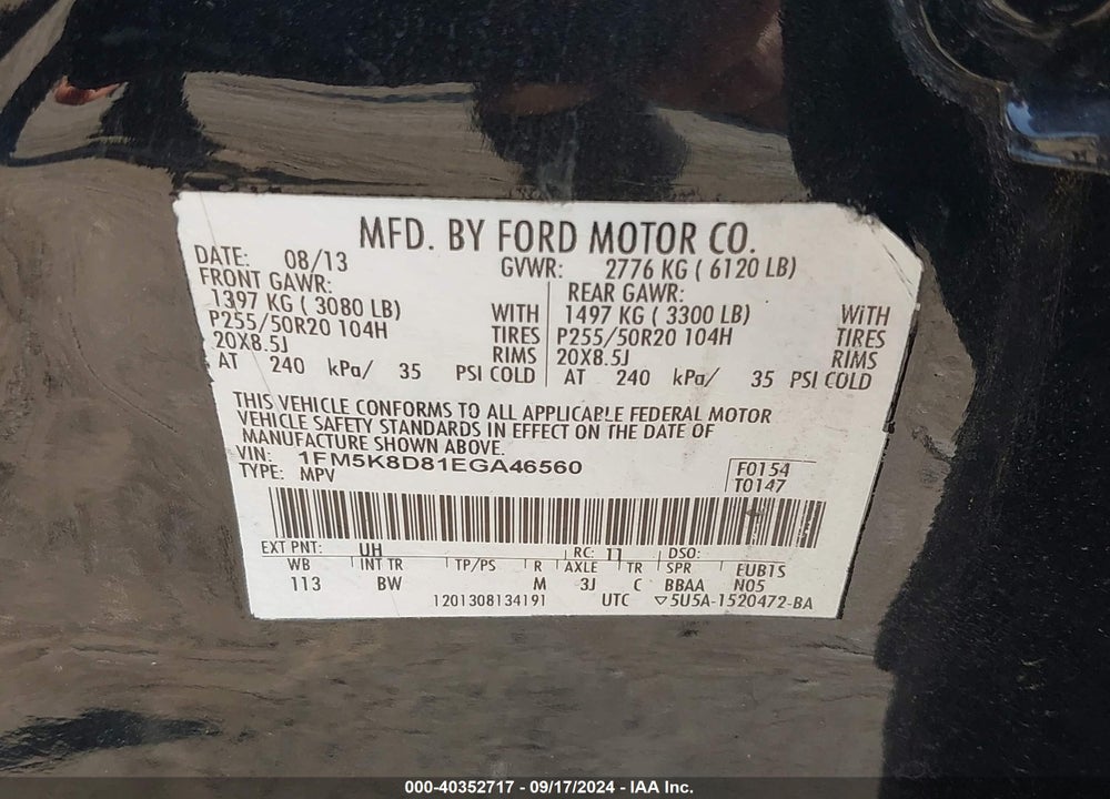 2014 FORD EXPLORER XLT VIN: 1FM5K8D81EGA46560