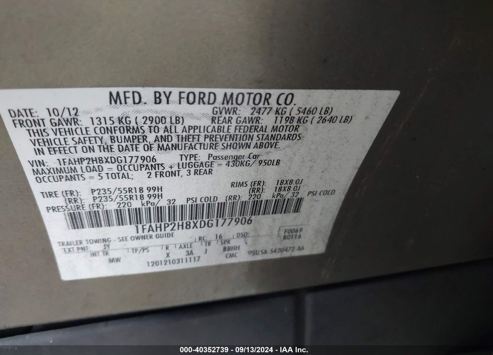 2013 FORD TAURUS SEL VIN: 1FAHP2H8XDG177906
