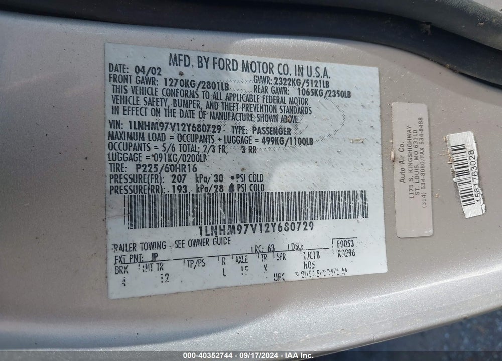 2002 LINCOLN CONTINENTAL VIN: 1LNHM97V12Y680729