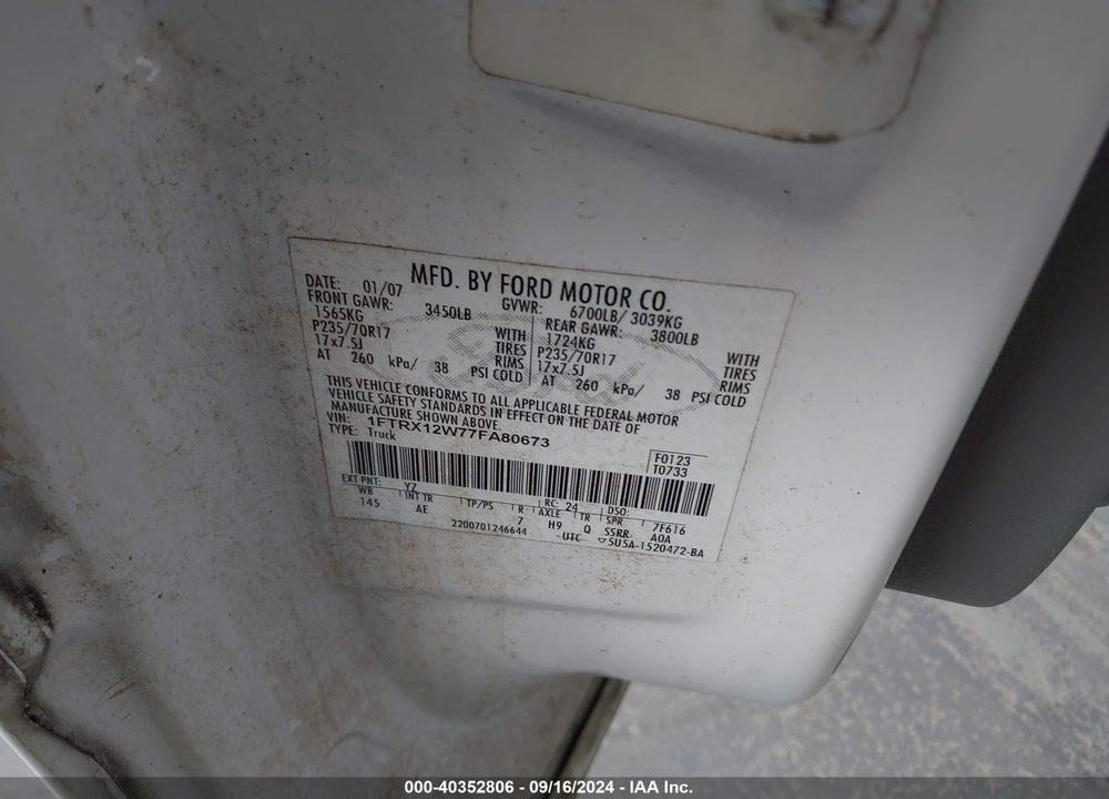 2007 FORD F-150 STX/XL/XLT VIN: 1FTRX12W77FA80673