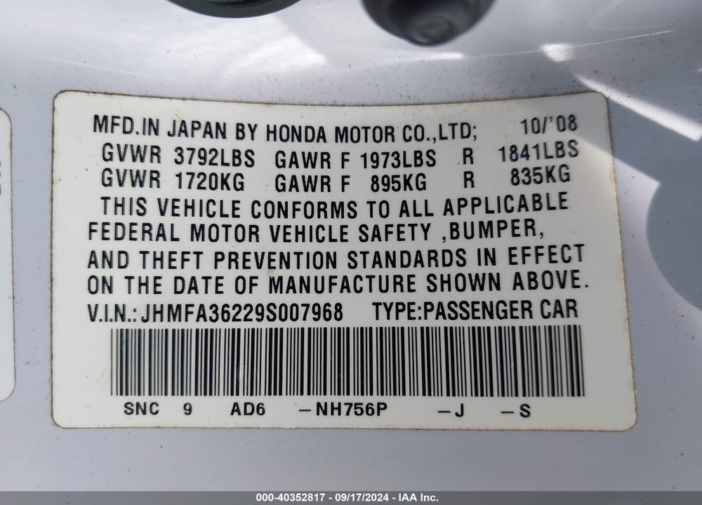 2009 HONDA CIVIC HYBRID VIN: JHMFA36229S007968