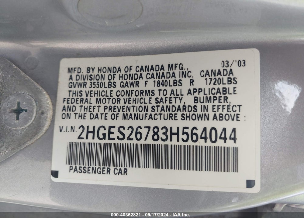 2003 HONDA CIVIC EX VIN: 2HGES26783H564044