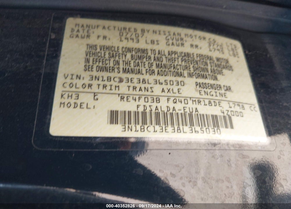 2008 NISSAN VERSA 1.8S VIN: 3N1BC13E38L365030