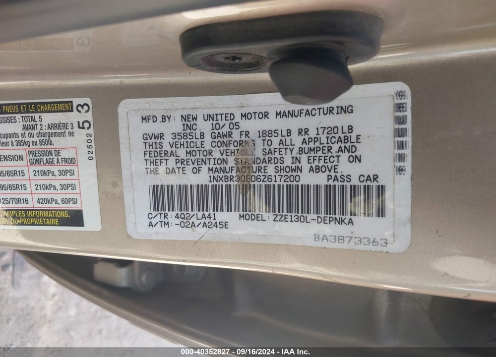 2006 TOYOTA COROLLA LE VIN: 1NXBR30E06Z617200