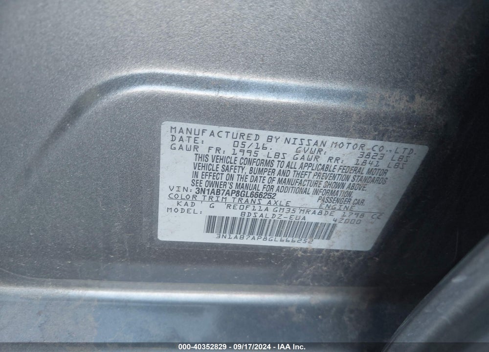 2016 NISSAN SENTRA FE+ S/S/SL/SR/SV VIN: 3N1AB7AP8GL666252