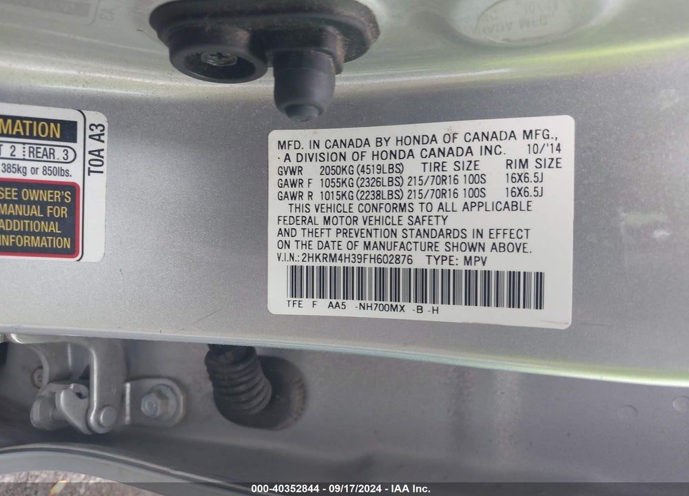 2015 HONDA CR-V LX VIN: 2HKRM4H39FH602876