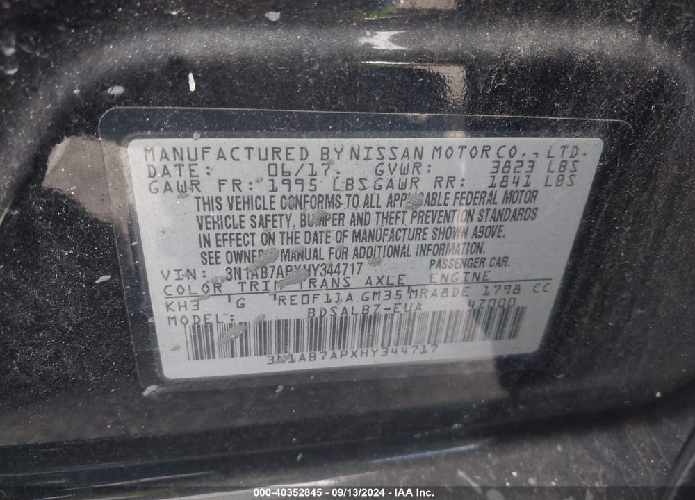 2017 NISSAN SENTRA S VIN: 3N1AB7APXHY344717