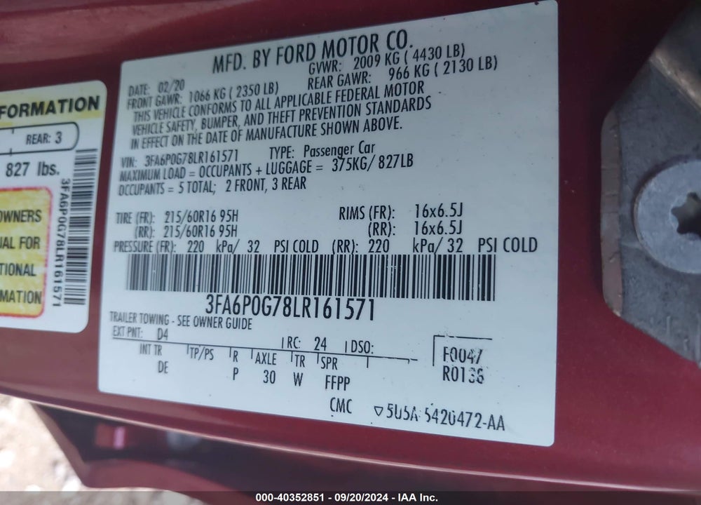 2020 FORD FUSION S VIN: 3FA6P0G78LR161571