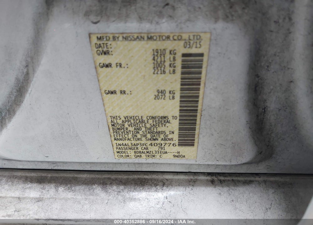 2015 NISSAN ALTIMA 2.5 SV VIN: 1N4AL3AP3FC409776