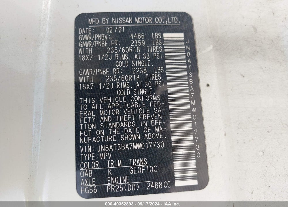 2021 NISSAN ROGUE SV FWD VIN: JN8AT3BA7MW017730