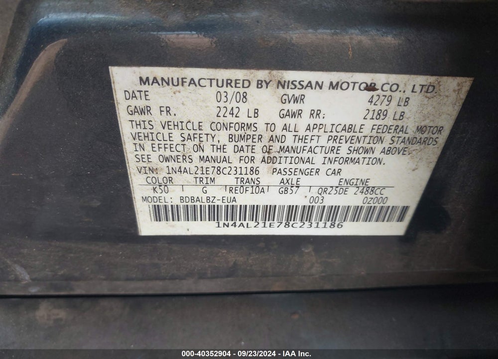 2008 NISSAN ALTIMA 2.5 S VIN: 1N4AL21E78C231186