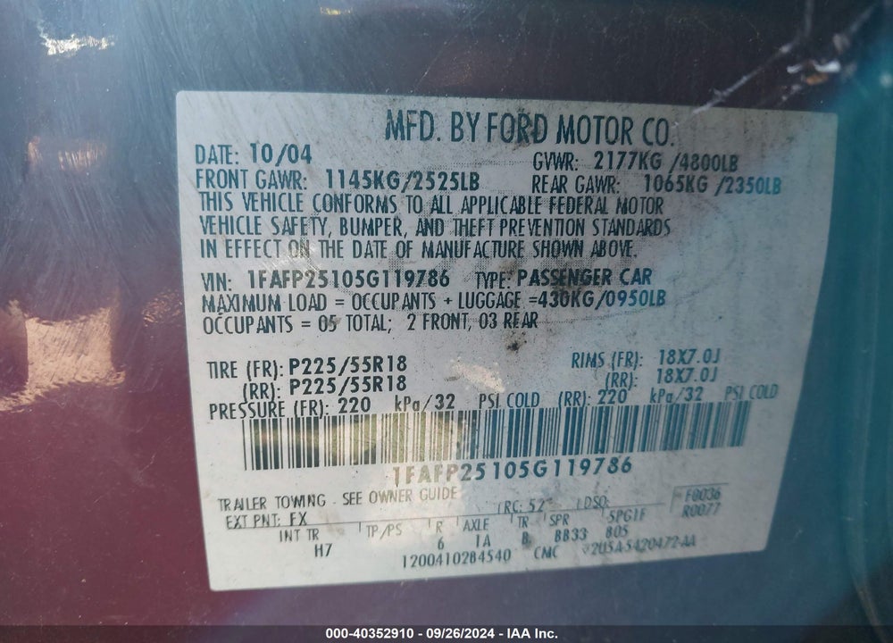 2005 FORD FIVE HUNDRED LIMITED VIN: 1FAFP25105G119786