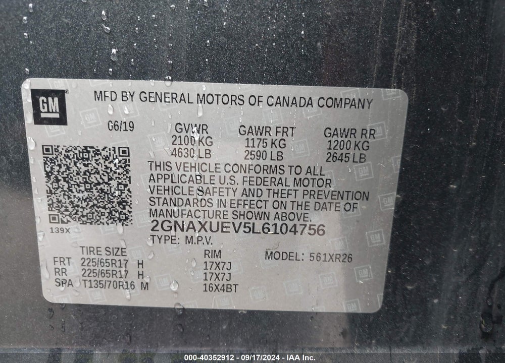 2020 CHEVROLET EQUINOX AWD LT 1.5L TURBO VIN: 2GNAXUEV5L6104756