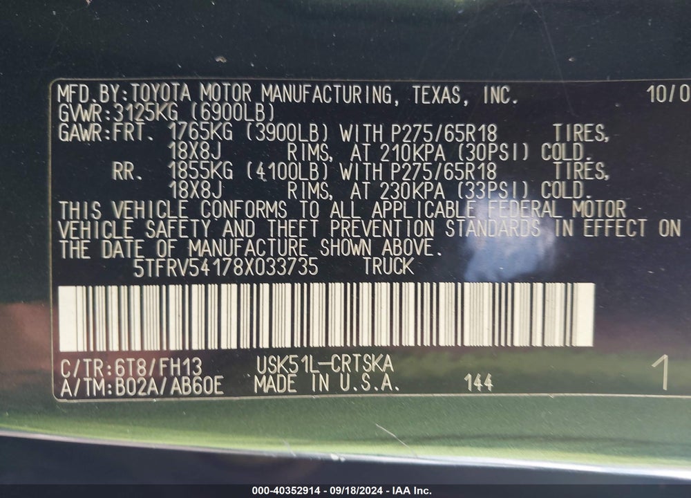 2008 TOYOTA TUNDRA SR5 5.7L V8 VIN: 5TFRV54178X033735