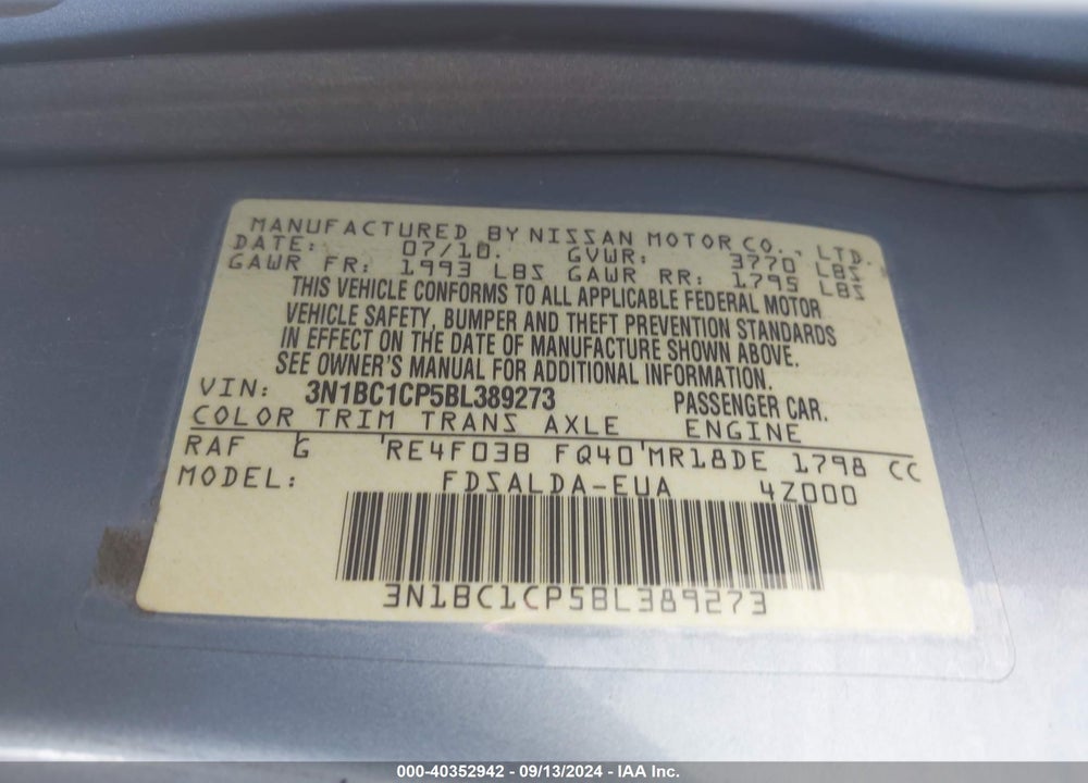 2011 NISSAN VERSA 1.8S VIN: 3N1BC1CP5BL389273