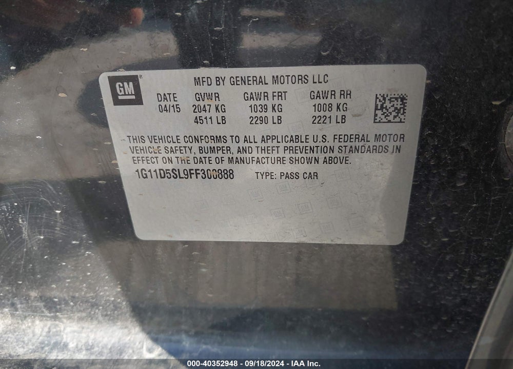 2015 CHEVROLET MALIBU VIN: 1G11D5SL9FF300888