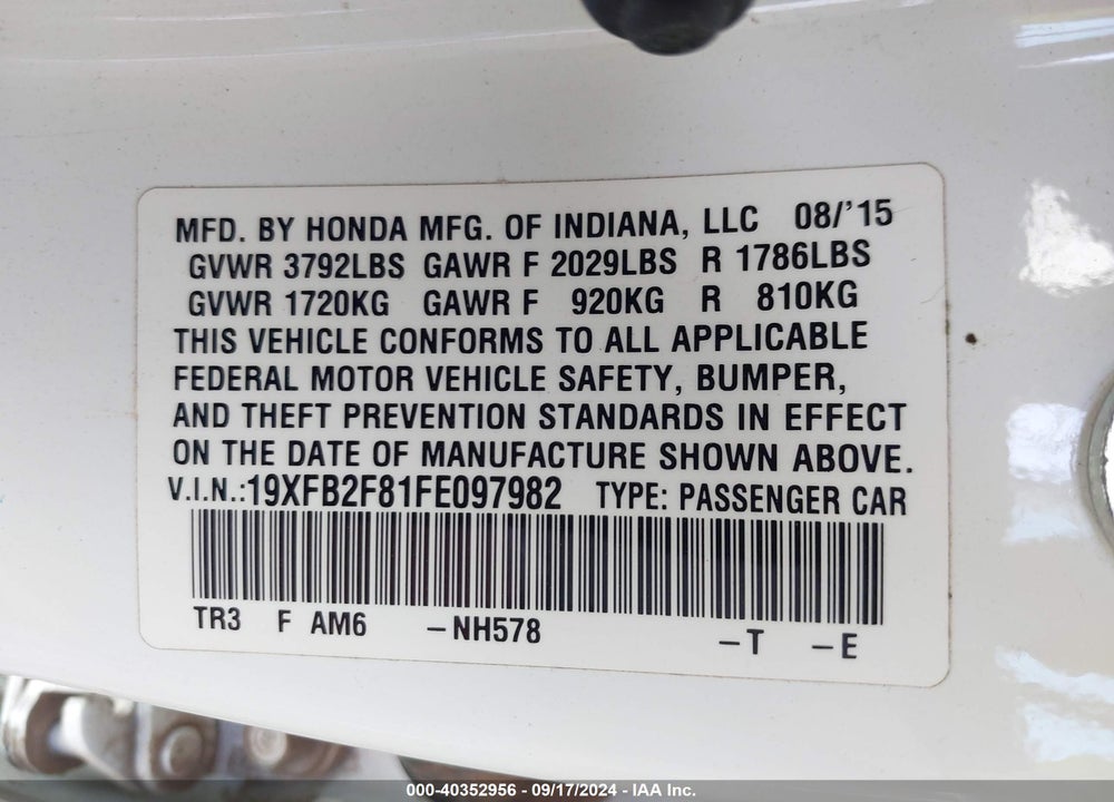 2015 HONDA CIVIC EX VIN: 19XFB2F81FE097982