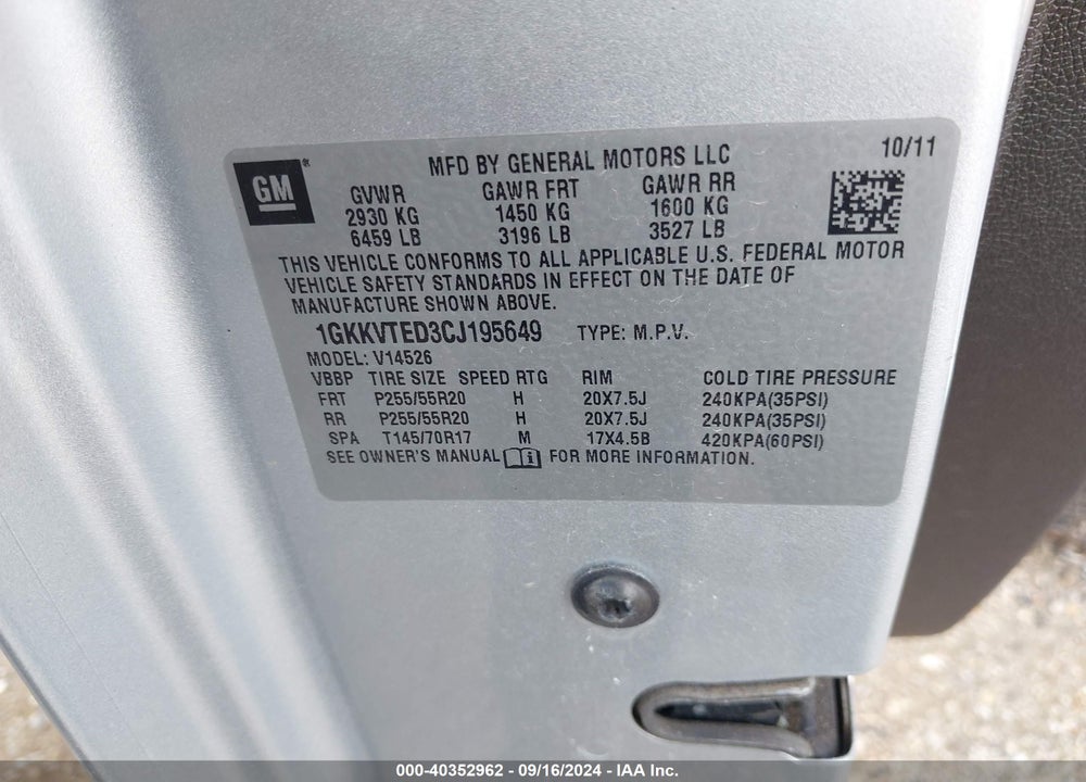2012 GMC ACADIA DENALI VIN: 1GKKVTED3CJ195649