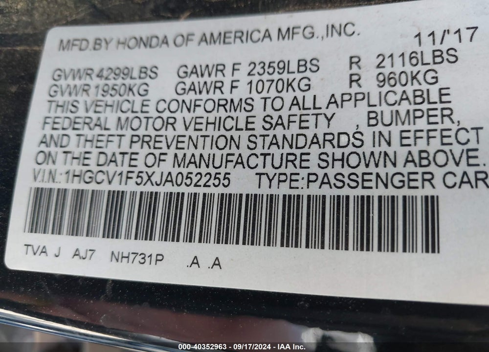 2018 HONDA ACCORD EX-L VIN: 1HGCV1F5XJA052255