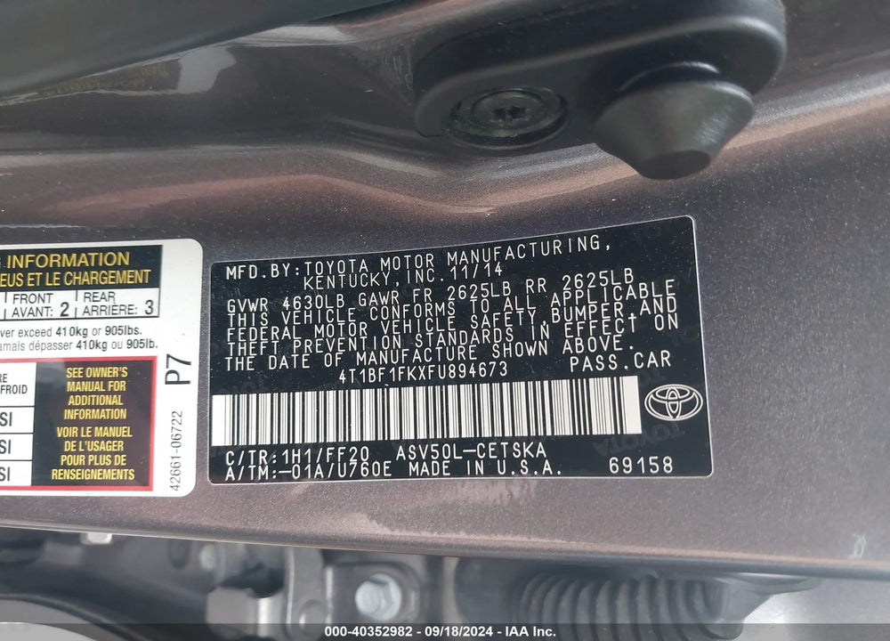 2015 TOYOTA CAMRY SE VIN: 4T1BF1FKXFU894673