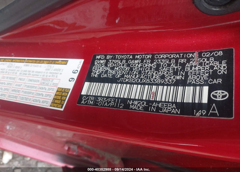 2008 TOYOTA PRIUS TOURING VIN: JTDKB20UX83389337