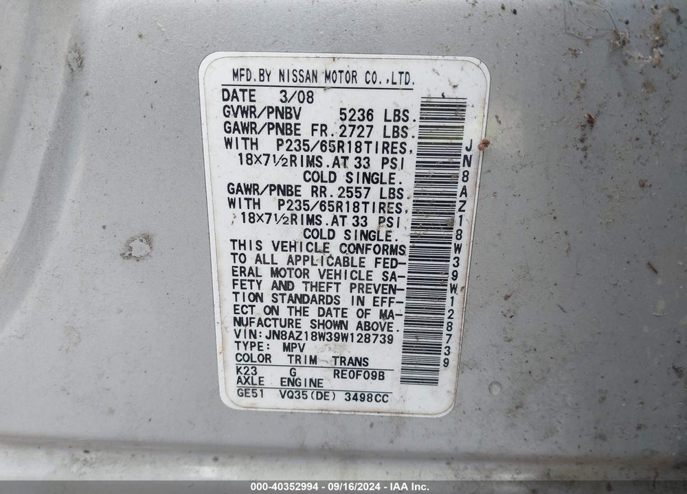 2009 NISSAN MURANO S VIN: JN8AZ18W39W128739