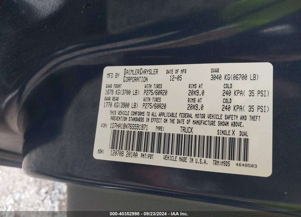 2006 DODGE RAM 1500 SLT VIN: 1D7HA18N76S591971