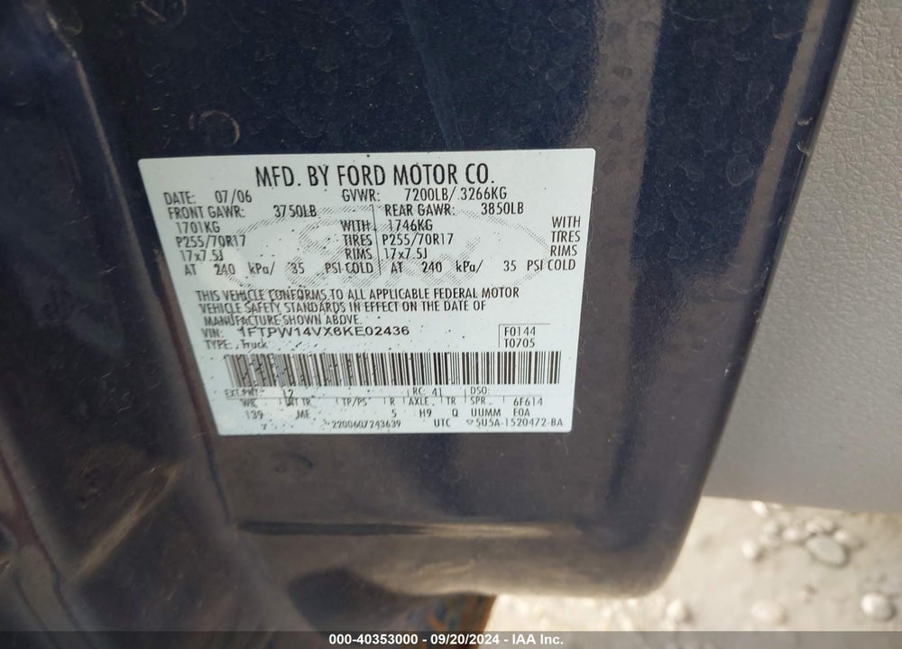 2006 FORD F-150 FX4/LARIAT/XLT VIN: 1FTPW14VX6KE02436