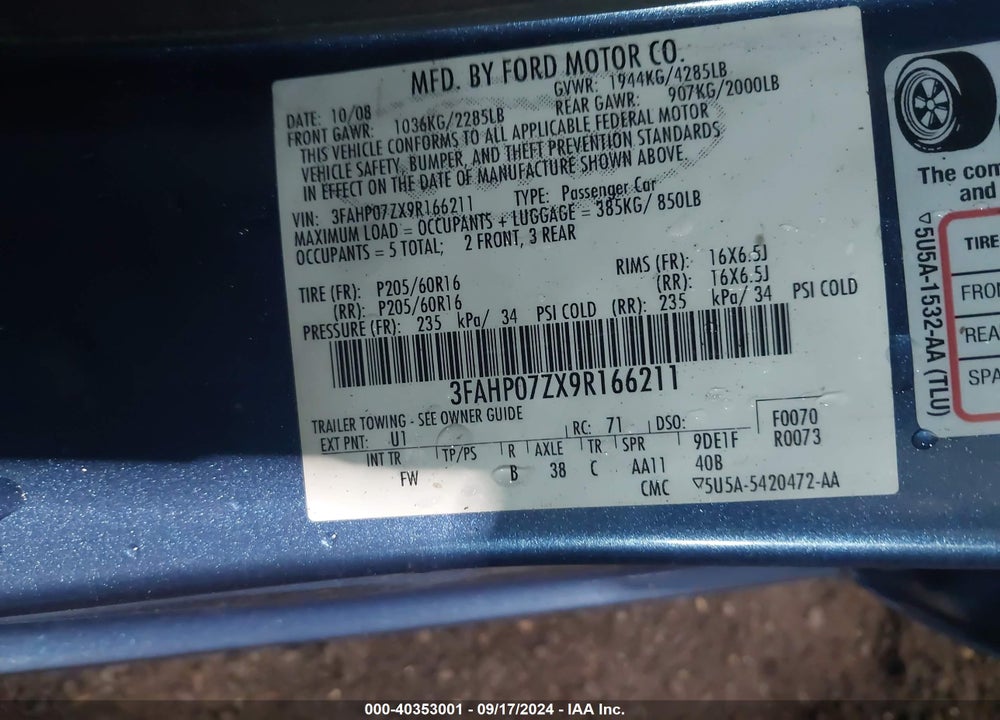 2009 FORD FUSION SE VIN: 3FAHP07ZX9R166211