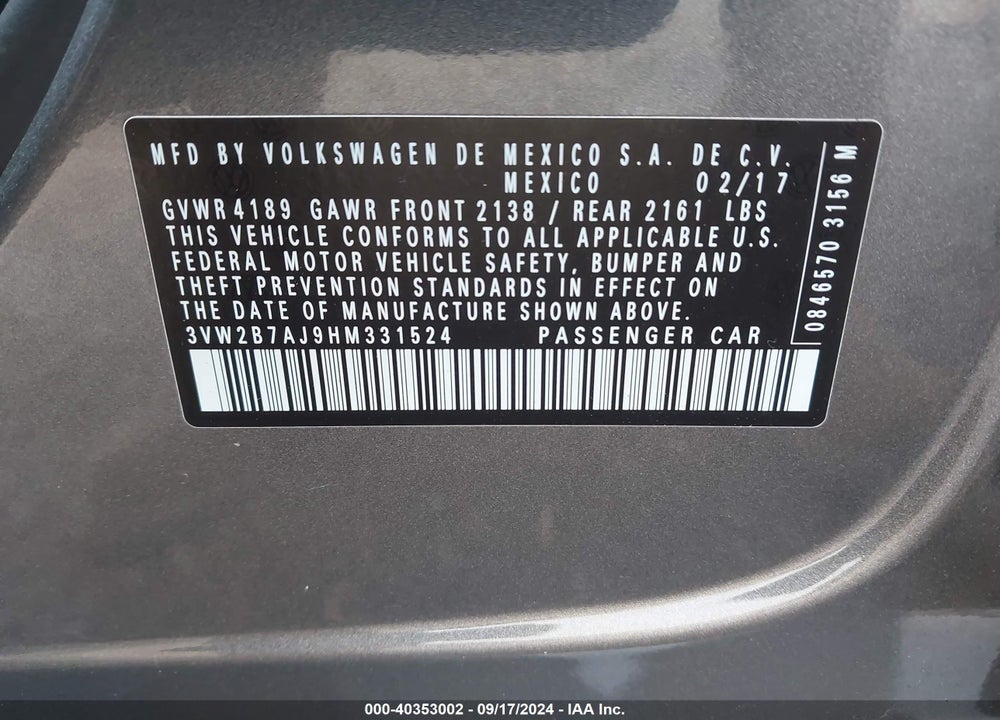 2017 VOLKSWAGEN JETTA 1.4T S VIN: 3VW2B7AJ9HM331524