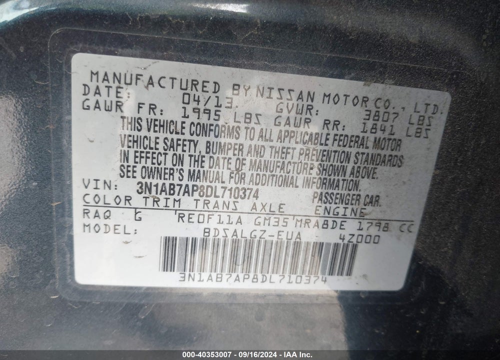 2013 NISSAN SENTRA SL VIN: 3N1AB7AP8DL710374