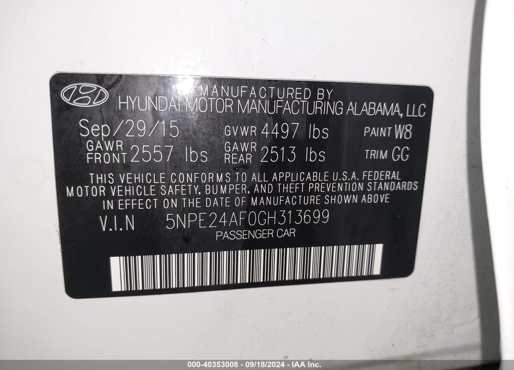 2016 HYUNDAI SONATA SE VIN: 5NPE24AF0GH313699
