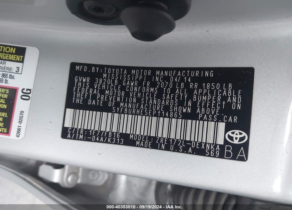 2014 TOYOTA COROLLA LE PLUS VIN: 5YFBURHE5EP114865