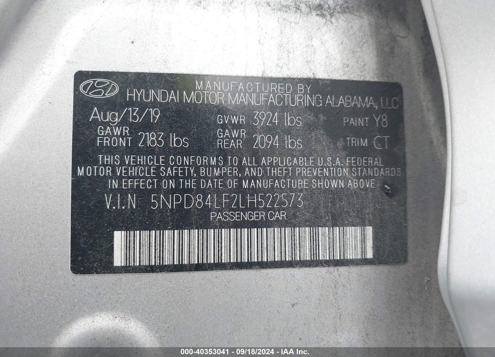 2020 HYUNDAI ELANTRA SEL VIN: 5NPD84LF2LH522573