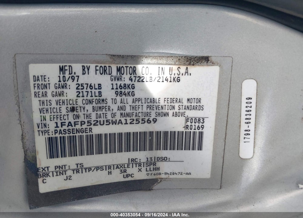 1998 FORD TAURUS LX/SE VIN: 1FAFP52U5WA125569