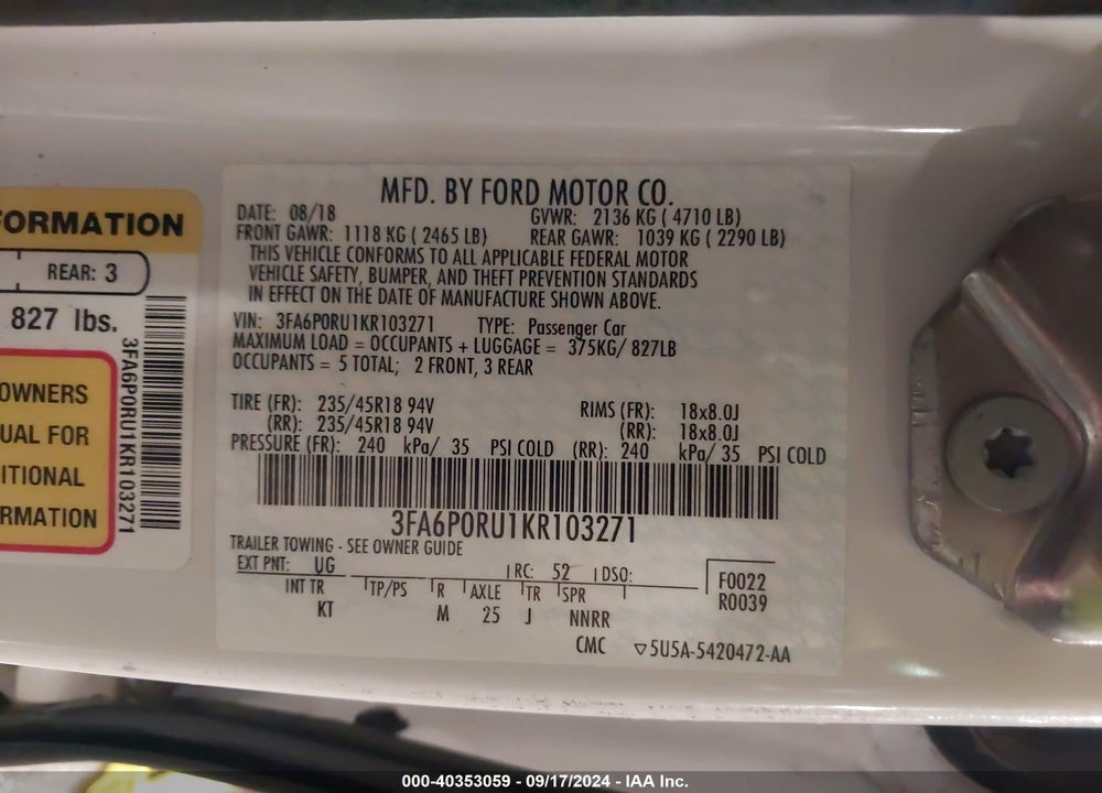 2019 FORD FUSION HYBRID TITANIUM VIN: 3FA6P0RU1KR103271