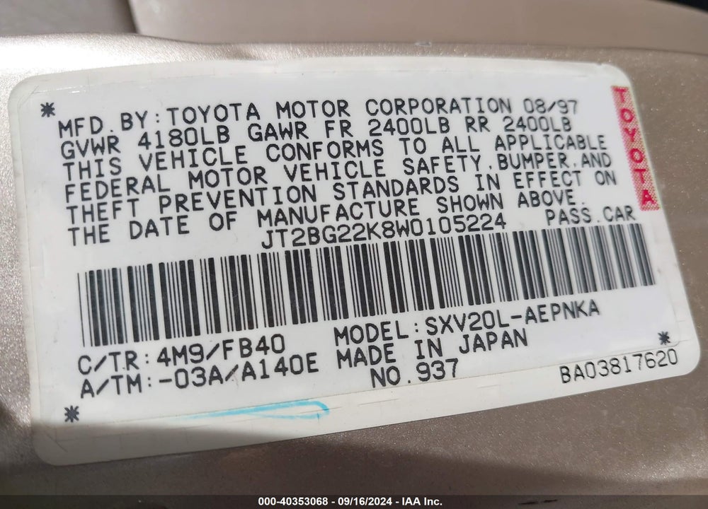 1998 TOYOTA CAMRY LE VIN: JT2BG22K8W0105224