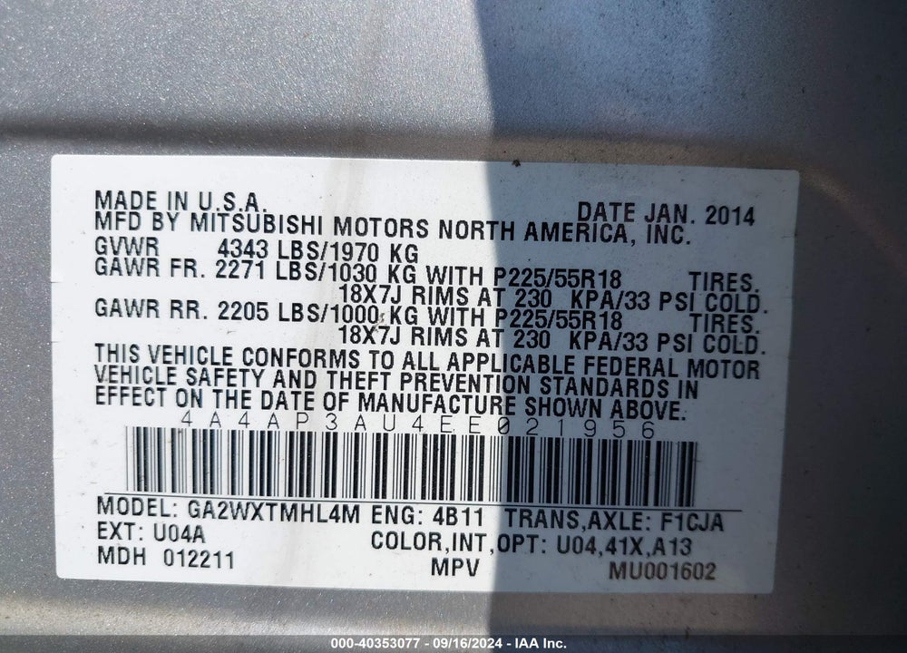 2014 MITSUBISHI OUTLANDER SPORT ES VIN: 4A4AP3AU4EE021956