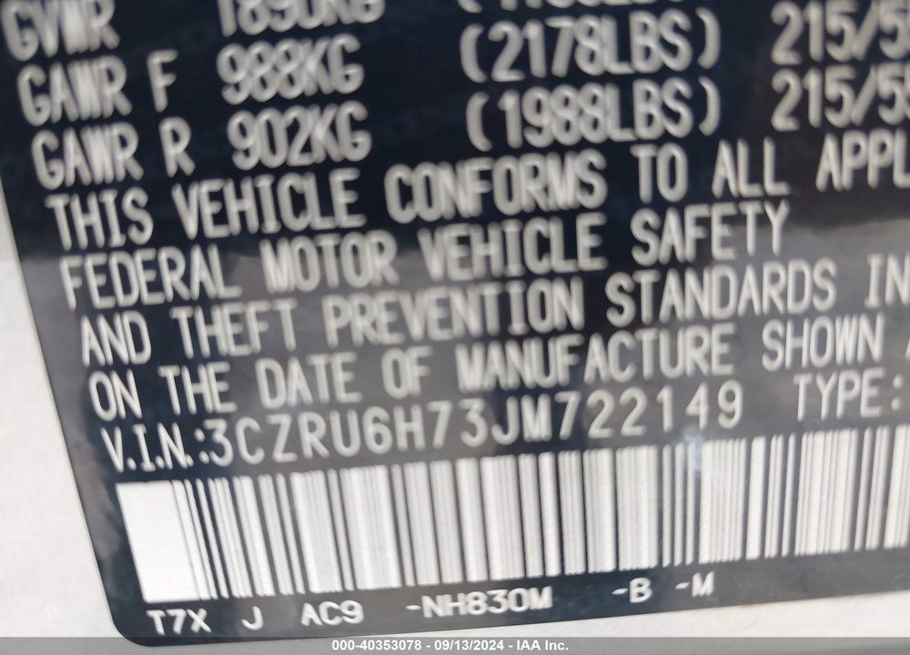 2018 HONDA HR-V EX-L VIN: 3CZRU6H73JM722149