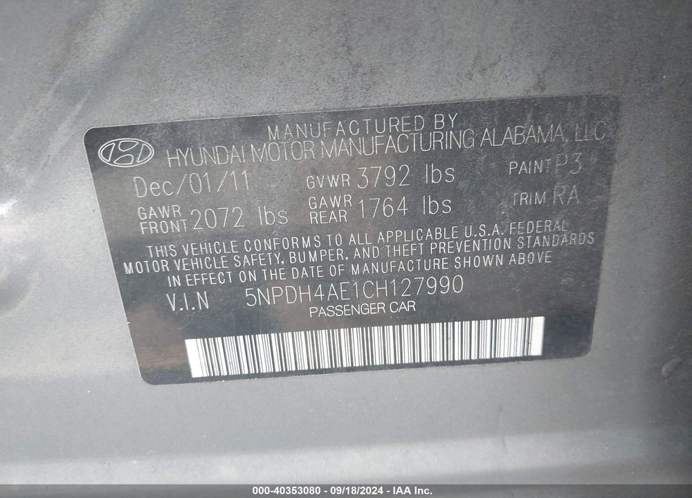 2012 HYUNDAI ELANTRA GLS VIN: 5NPDH4AE1CH127990