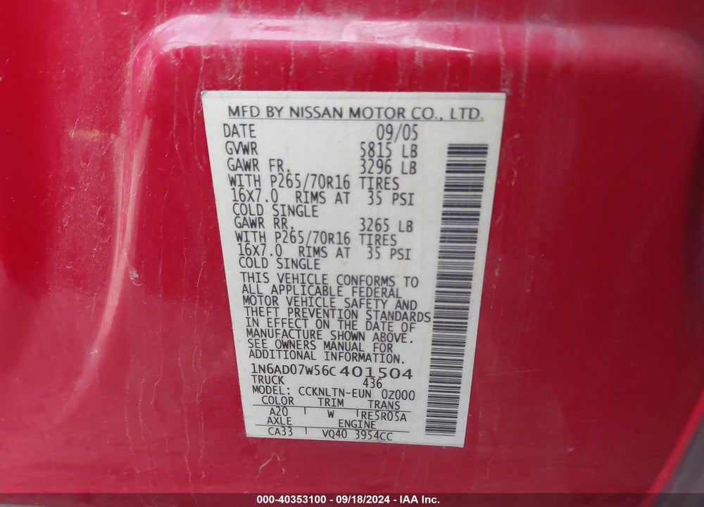 2006 NISSAN FRONTIER SE VIN: 1N6AD07W56C401504