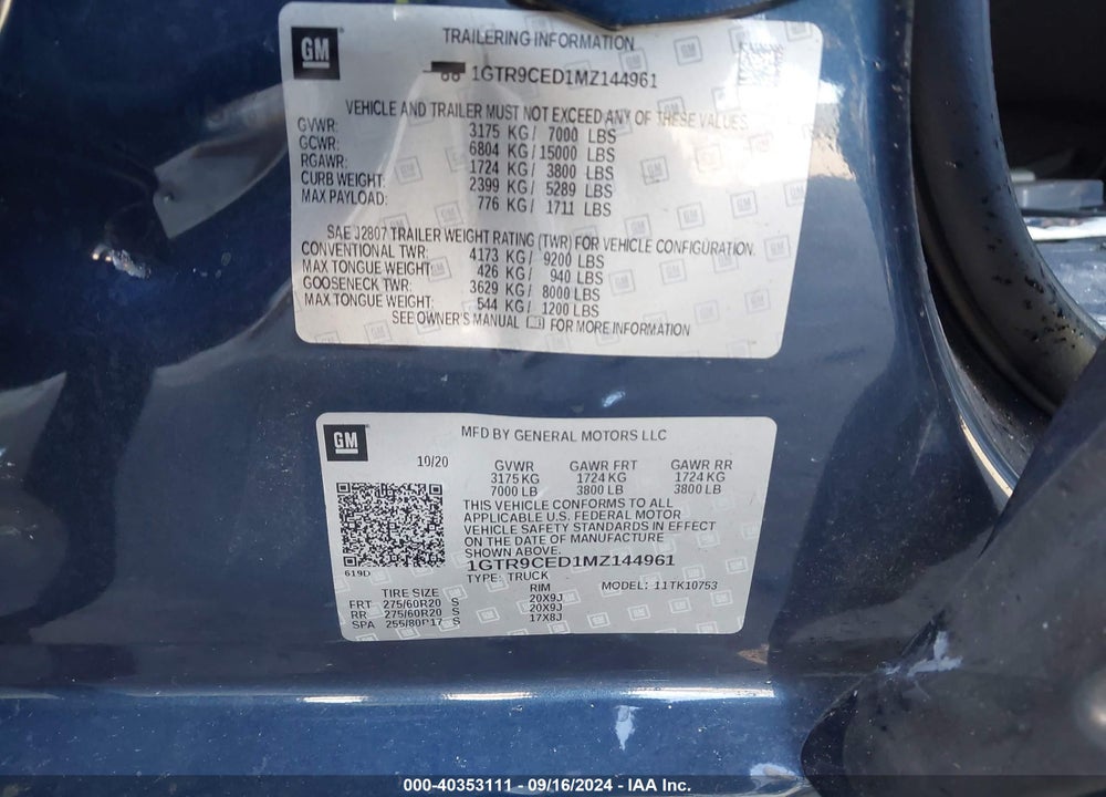 2021 GMC SIERRA 1500 VIN: 1GTR9CED1MZ144961