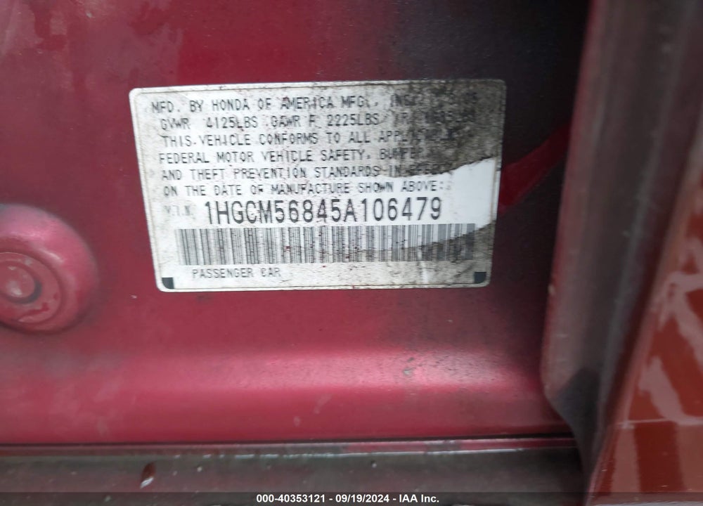 2005 HONDA ACCORD 2.4 EX VIN: 1HGCM56845A106479