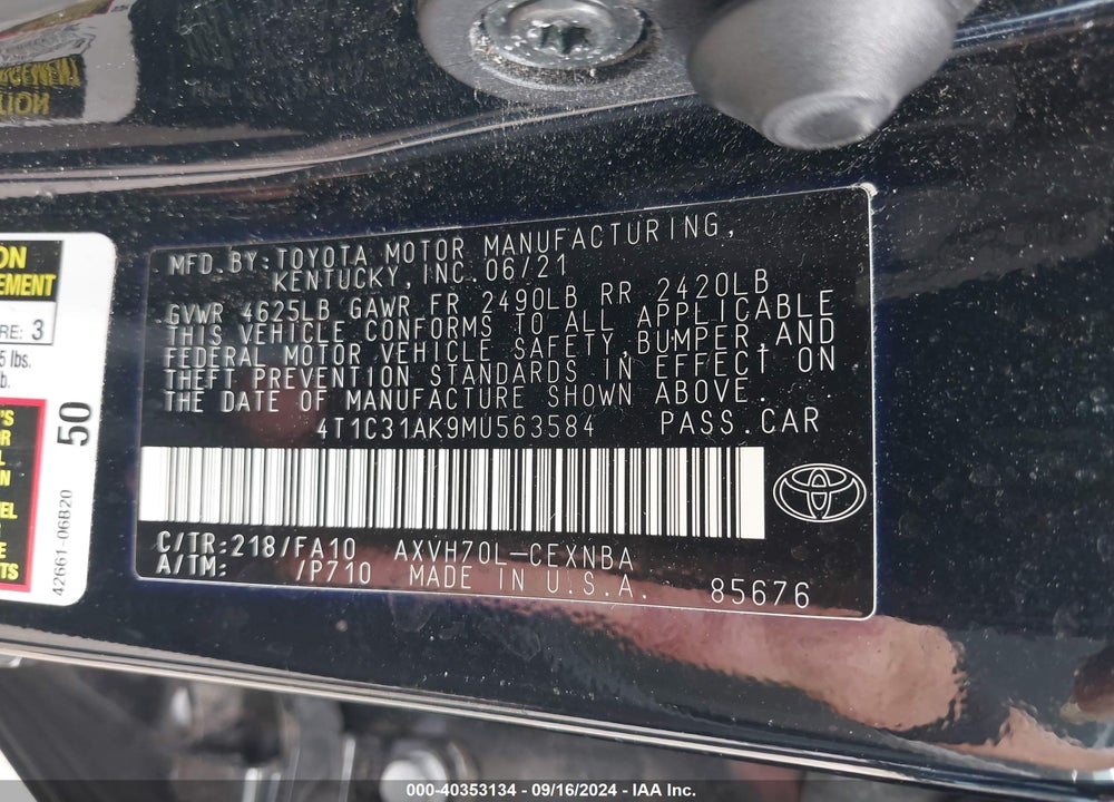 2021 TOYOTA CAMRY LE HYBRID VIN: 4T1C31AK9MU563584
