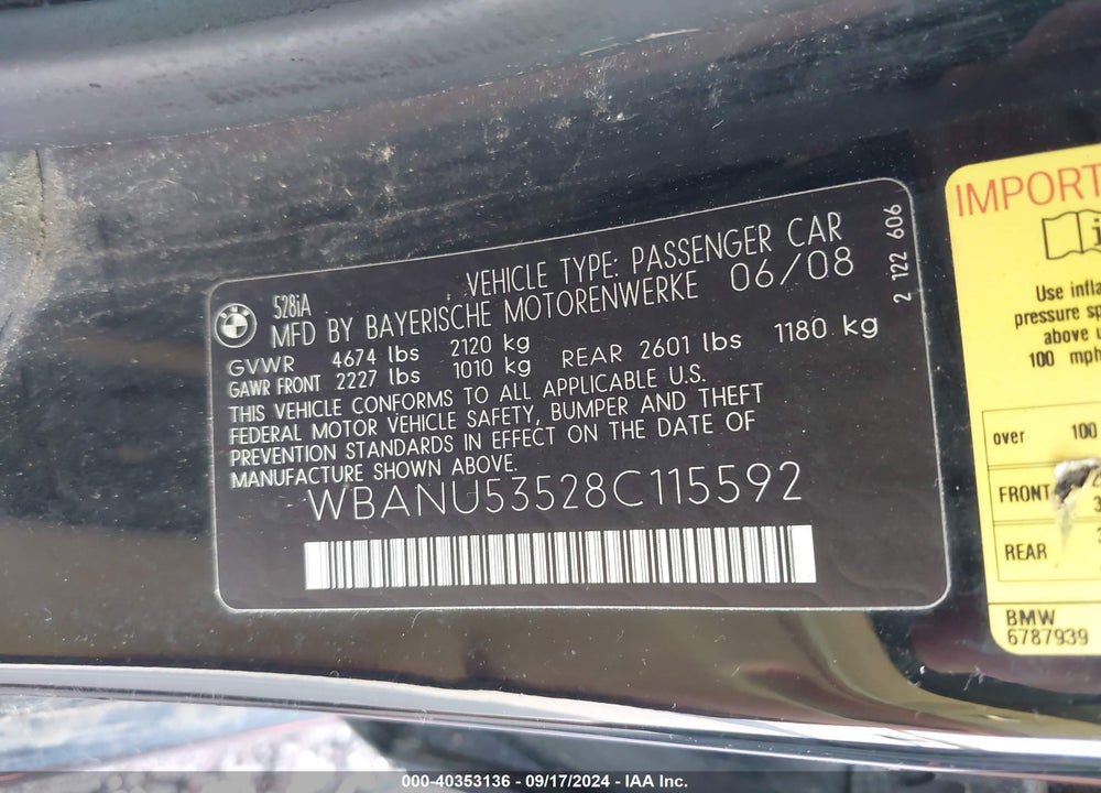 2008 BMW 528I VIN: WBANU53528C115592