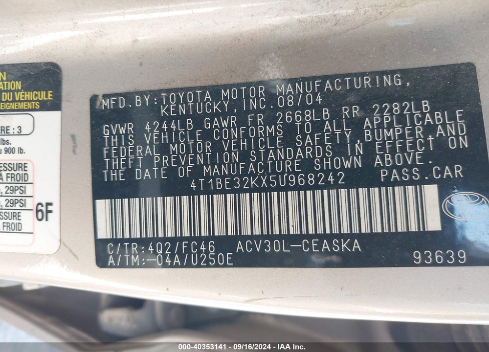 2005 TOYOTA CAMRY SE VIN: 4T1BE32KX5U968242