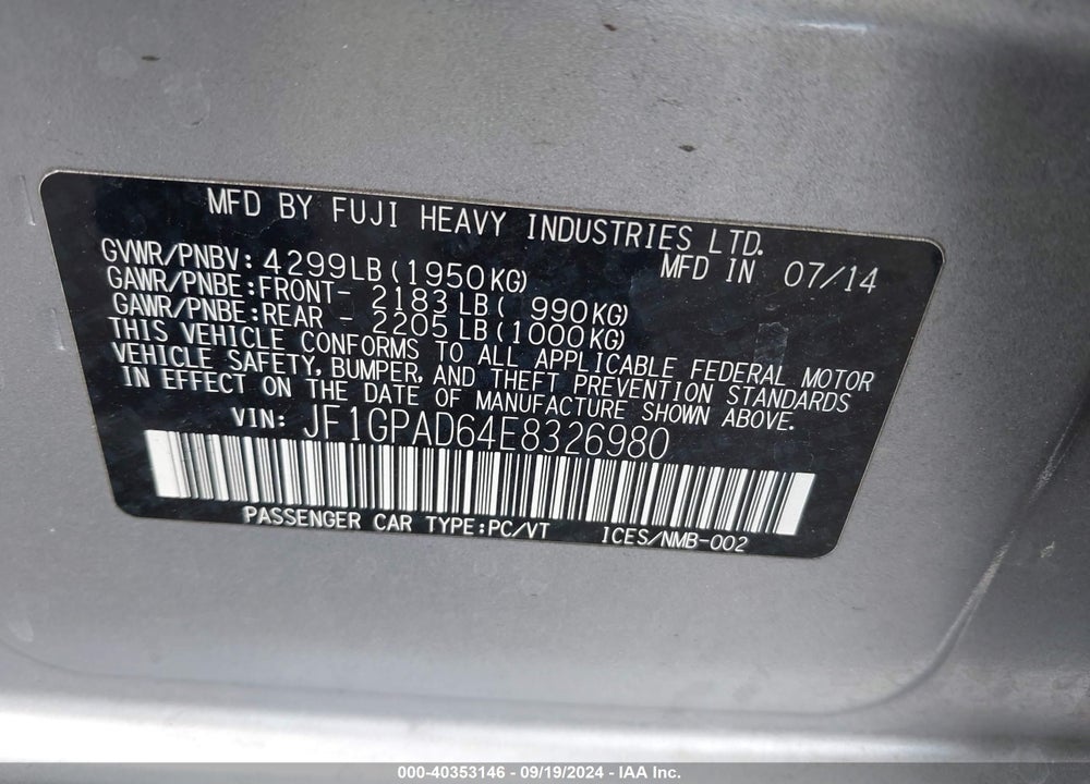 2014 SUBARU IMPREZA 2.0I PREMIUM VIN: JF1GPAD64E8326980