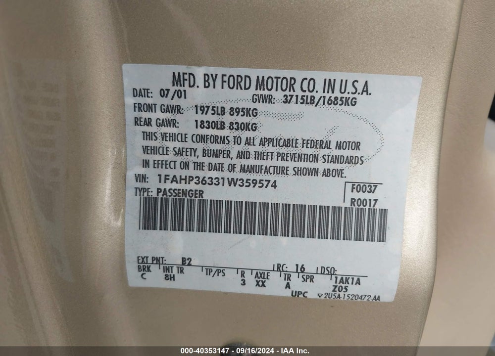 2001 FORD FOCUS SE VIN: 1FAHP36331W359574