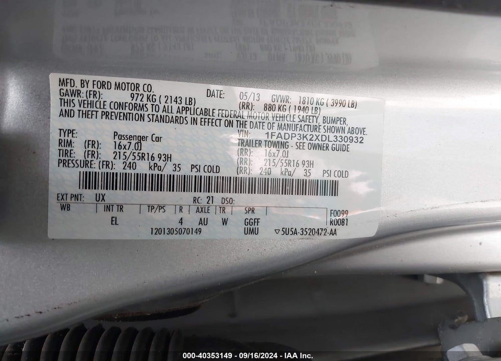 2013 FORD FOCUS SE VIN: 1FADP3K2XDL330932